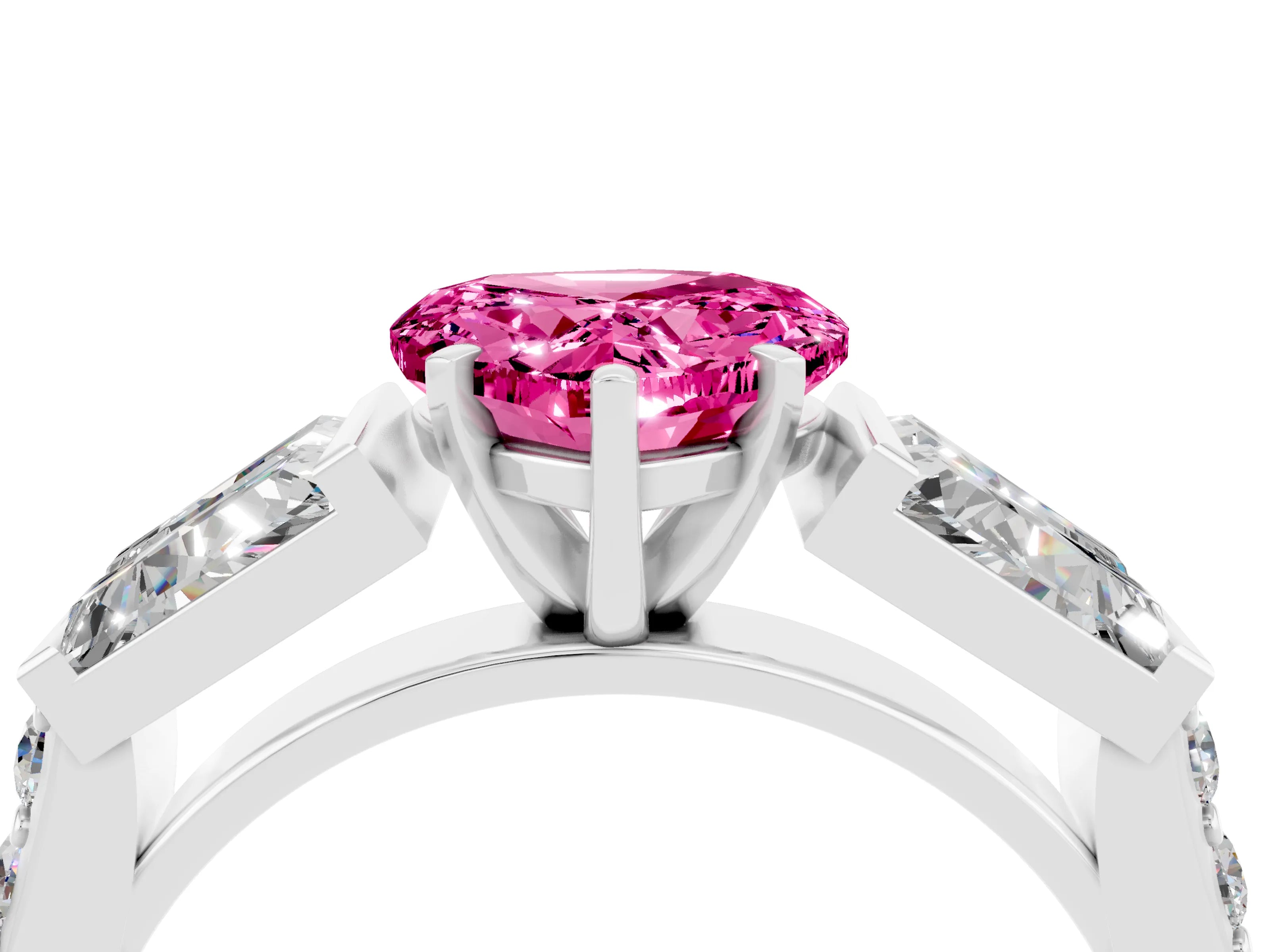 White gold Heart Cut Pink Sapphire Engagement Ring with Baguette Side Stones and Channel Set Band_4