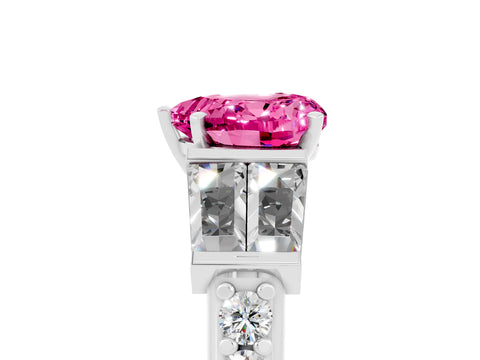 White gold Heart Cut Pink Sapphire Engagement Ring with Baguette Side Stones and Channel Set Band_5