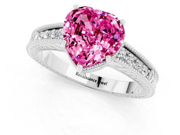 White gold Heart Cut Pink Sapphire Engagement Ring with Milgrain Channel Set Band and Prong Setting