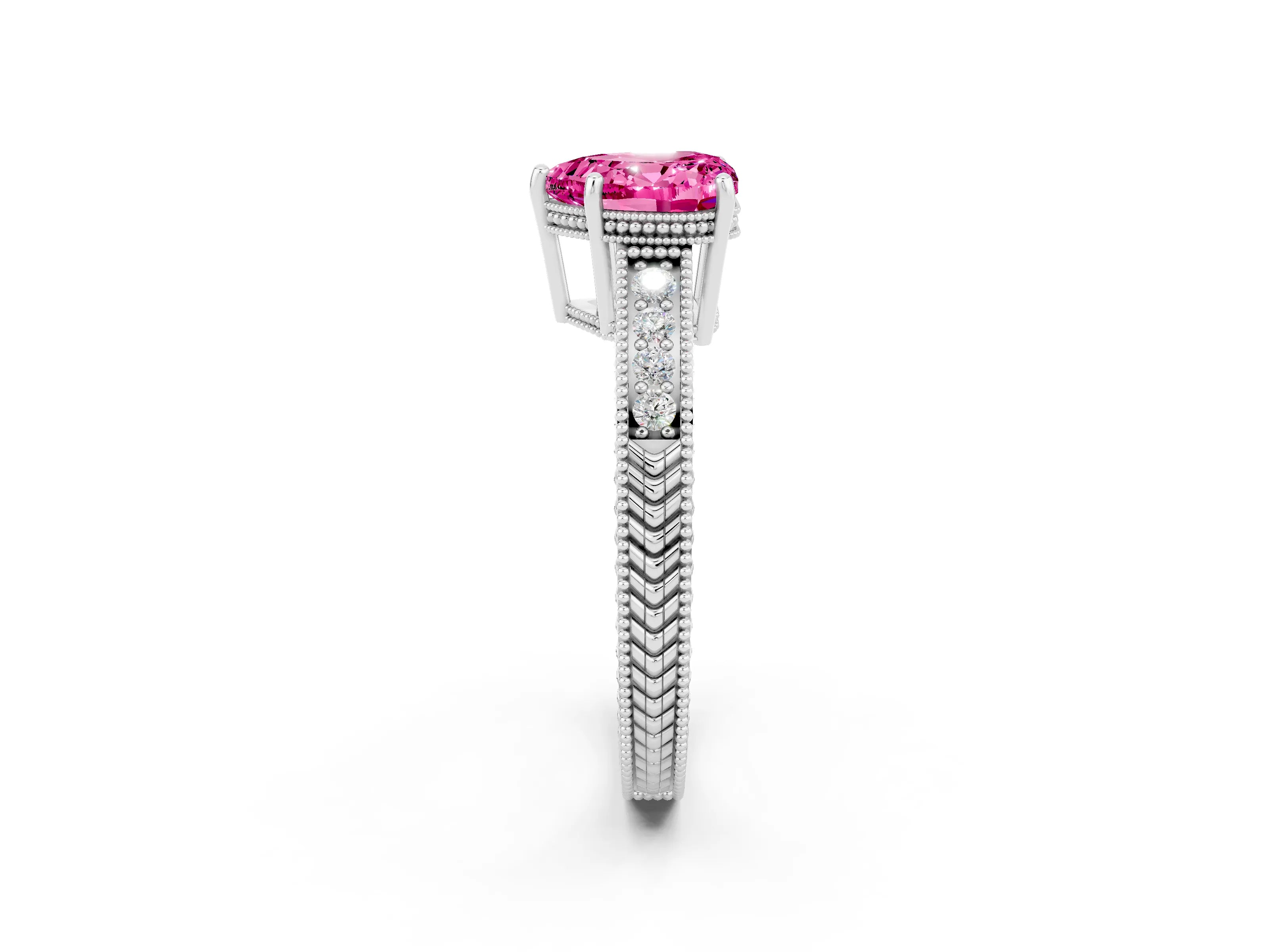 White gold Heart Cut Pink Sapphire Engagement Ring with Milgrain Channel Set Band and Prong Setting_26