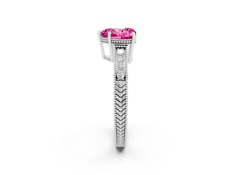 White gold Heart Cut Pink Sapphire Engagement Ring with Milgrain Channel Set Band and Prong Setting_26