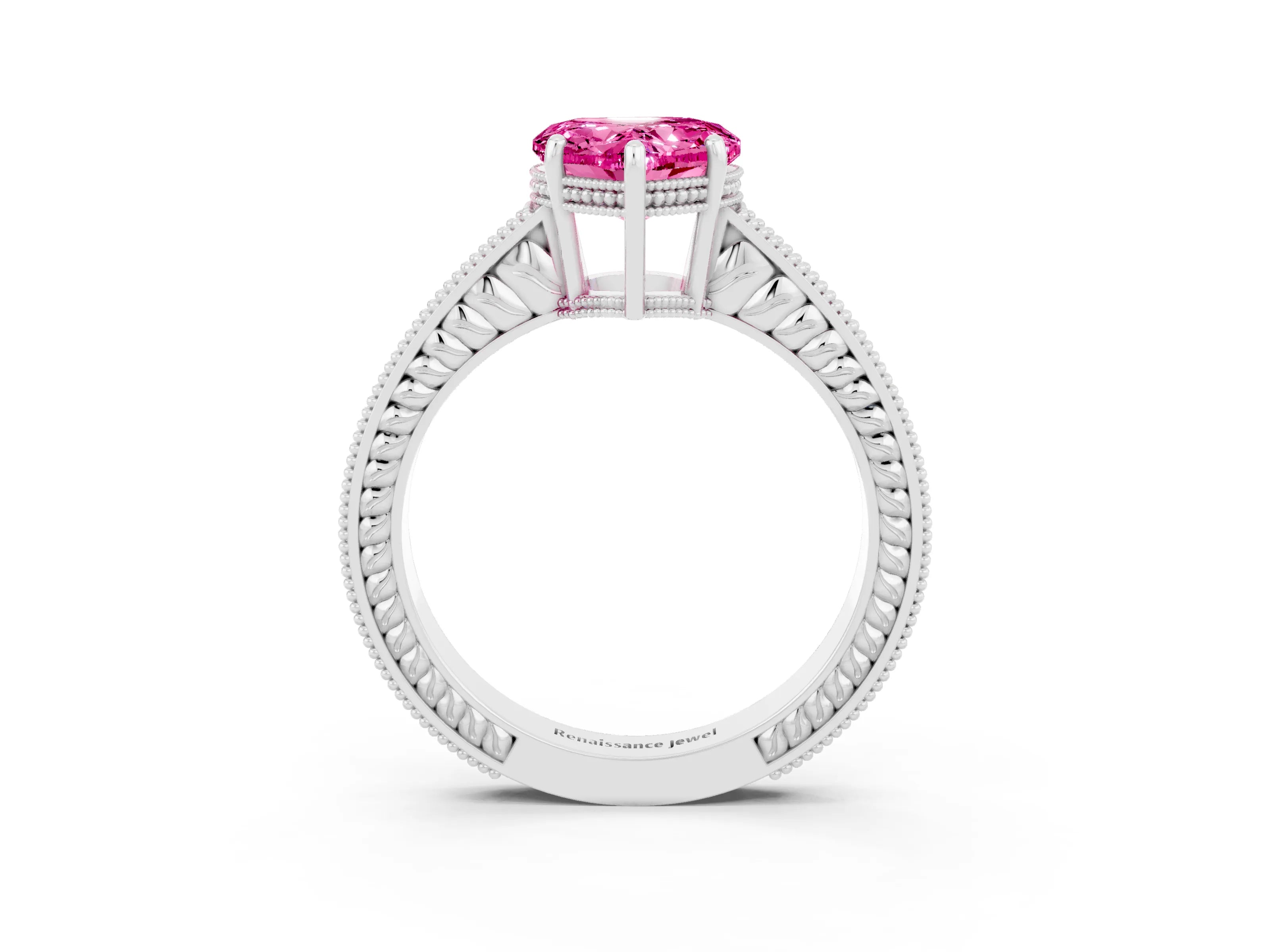 White gold Heart Cut Pink Sapphire Engagement Ring with Milgrain Channel Set Band and Prong Setting_27