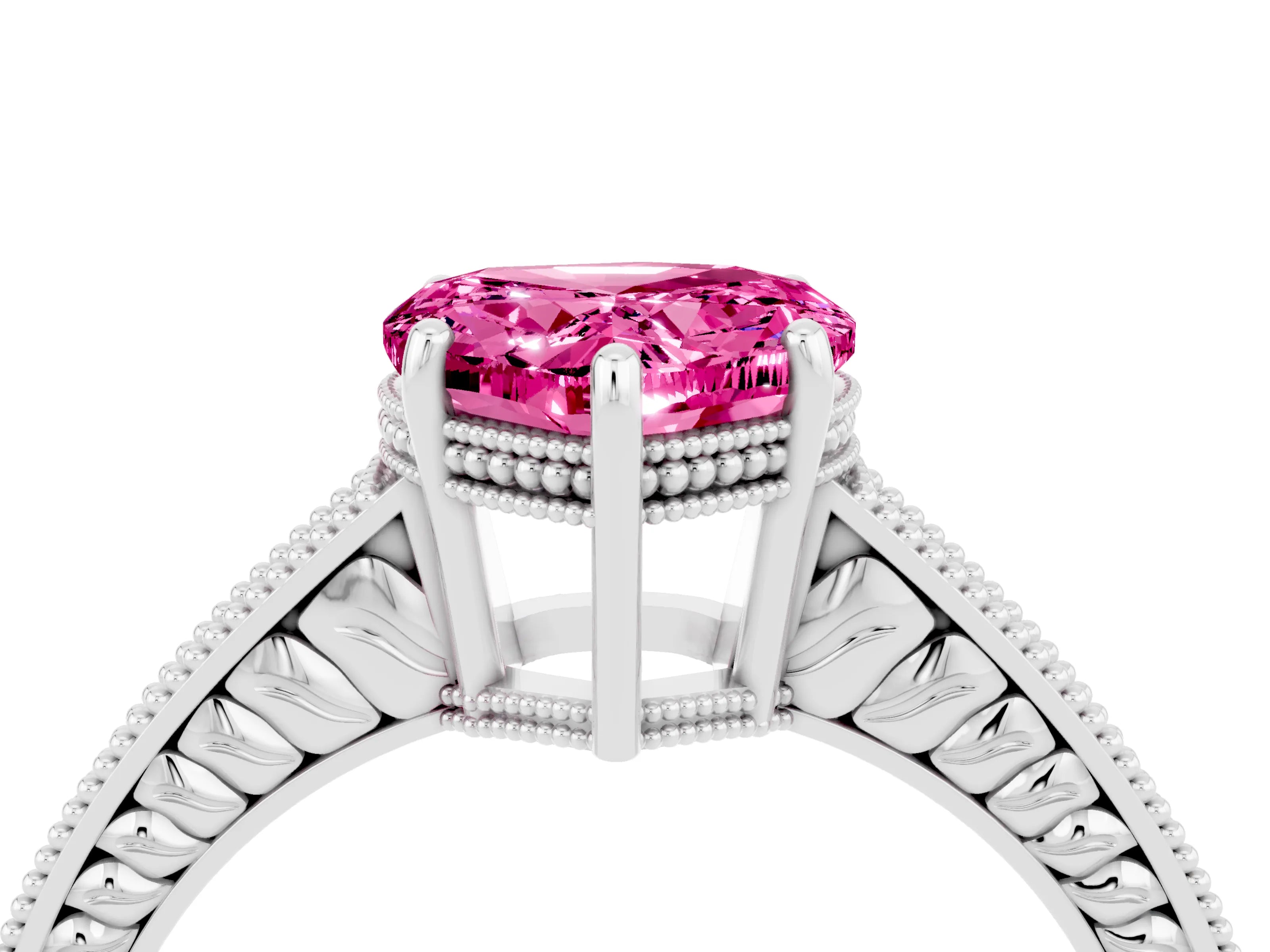 White gold Heart Cut Pink Sapphire Engagement Ring with Milgrain Channel Set Band and Prong Setting_28