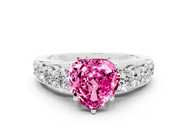 Platinum Heart Cut Pink Sapphire Engagement Ring with Pavé Band and Four-Prong Setting