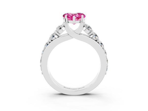 Platinum Heart Cut Pink Sapphire Engagement Ring with Pavé Band and Four-Prong Setting