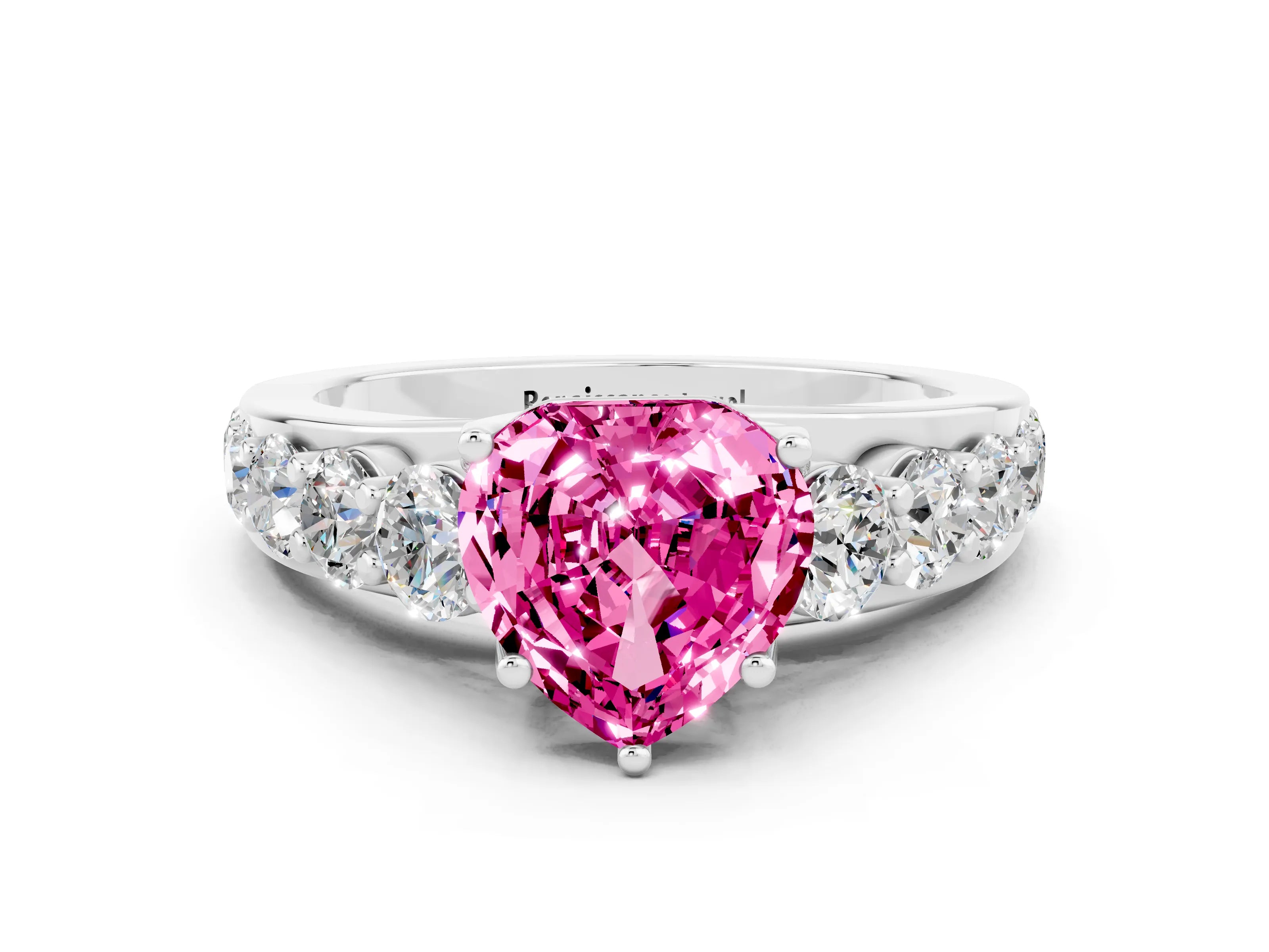 White gold Heart Cut Pink Sapphire Engagement Ring with Pavé Band and Four-Prong Setting