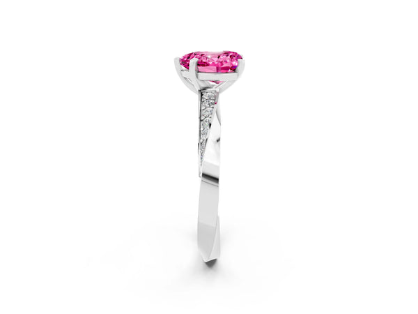 Platinum Heart Cut Pink Sapphire Engagement Ring with Side Stone Accents and Four-Prong Setting