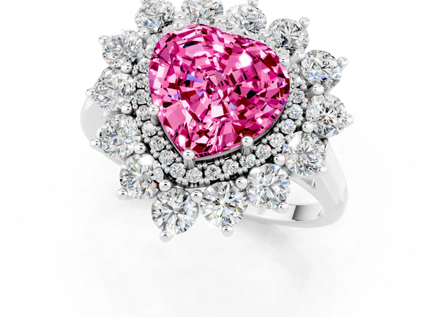 White Gold Heart-Shaped Lab-Grown Pink Sapphire Floral Double Halo Engagement Ring with Plain Band