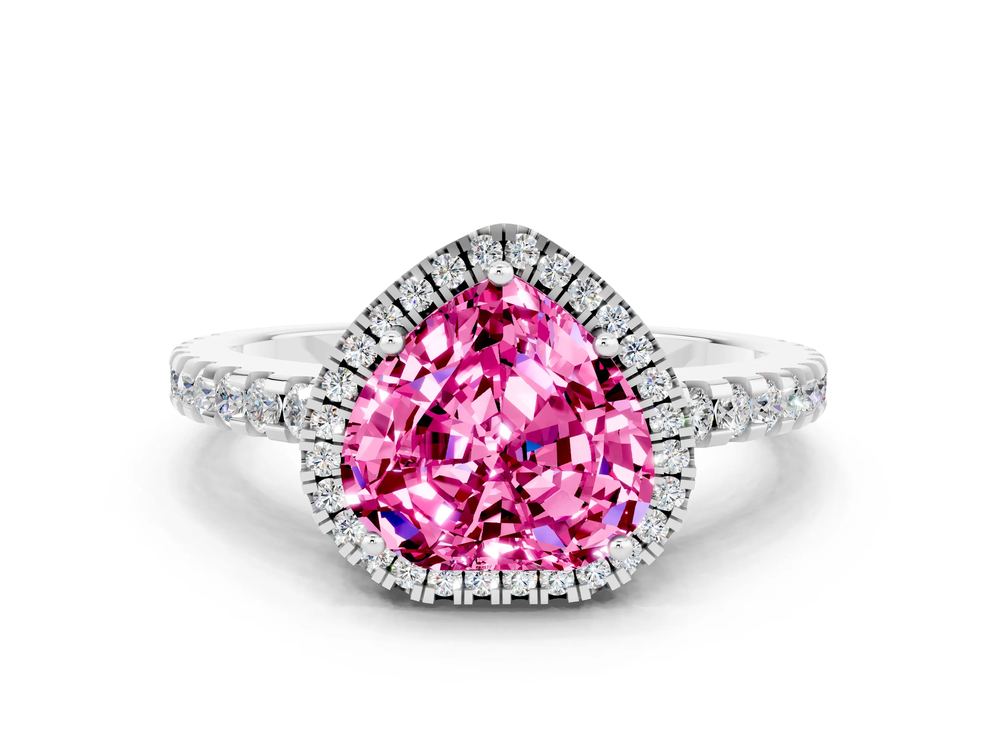 White gold Heart Cut Pink Sapphire Halo Engagement Ring with Pavé Band and Prong Setting_12