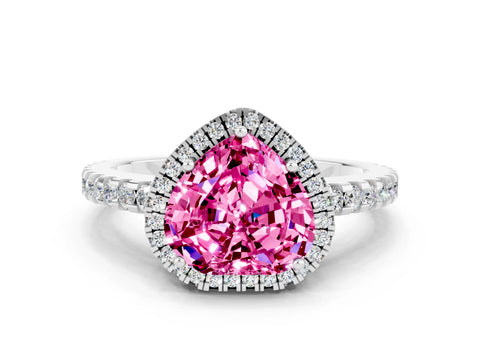 White gold Heart Cut Pink Sapphire Halo Engagement Ring with Pavé Band and Prong Setting_12