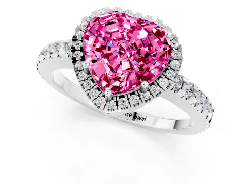 White gold Heart Cut Pink Sapphire Halo Engagement Ring with Pavé Band and Prong Setting_13