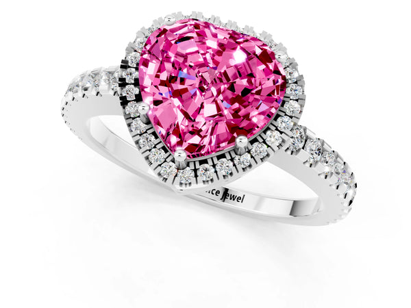 White gold Heart Cut Pink Sapphire Halo Engagement Ring with Pavé Band and Prong Setting