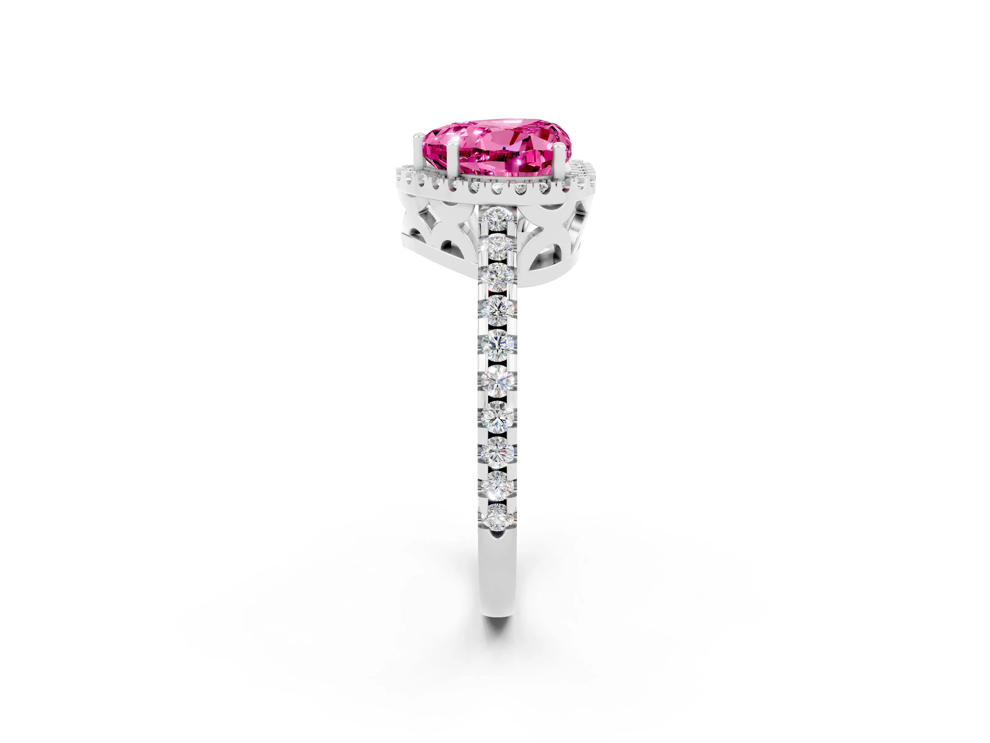 White gold Heart Cut Pink Sapphire Halo Engagement Ring with Pavé Band and Prong Setting_14