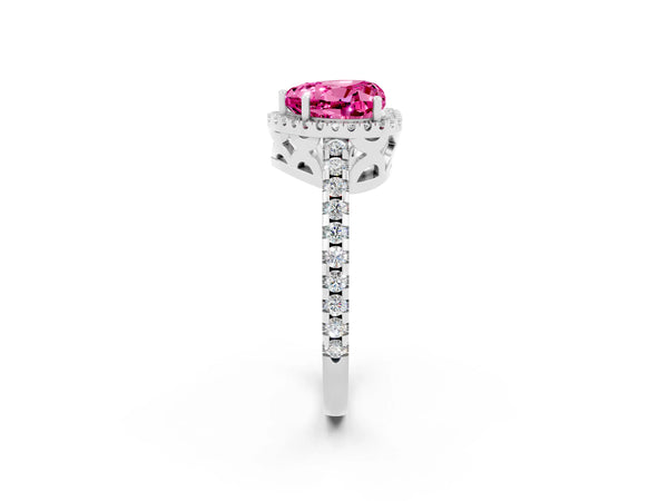 White gold Heart Cut Pink Sapphire Halo Engagement Ring with Pavé Band and Prong Setting