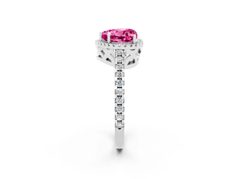 White gold Heart Cut Pink Sapphire Halo Engagement Ring with Pavé Band and Prong Setting_14