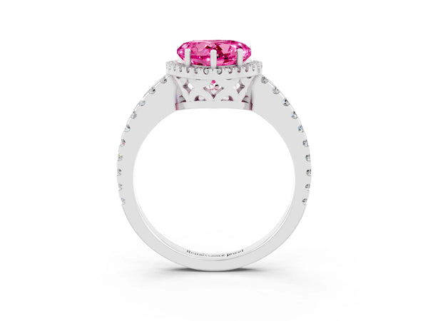 Platinum Heart Cut Pink Sapphire Halo Engagement Ring with Pavé Band and Prong Setting