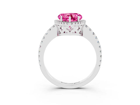 White gold Heart Cut Pink Sapphire Halo Engagement Ring with Pavé Band and Prong Setting_15