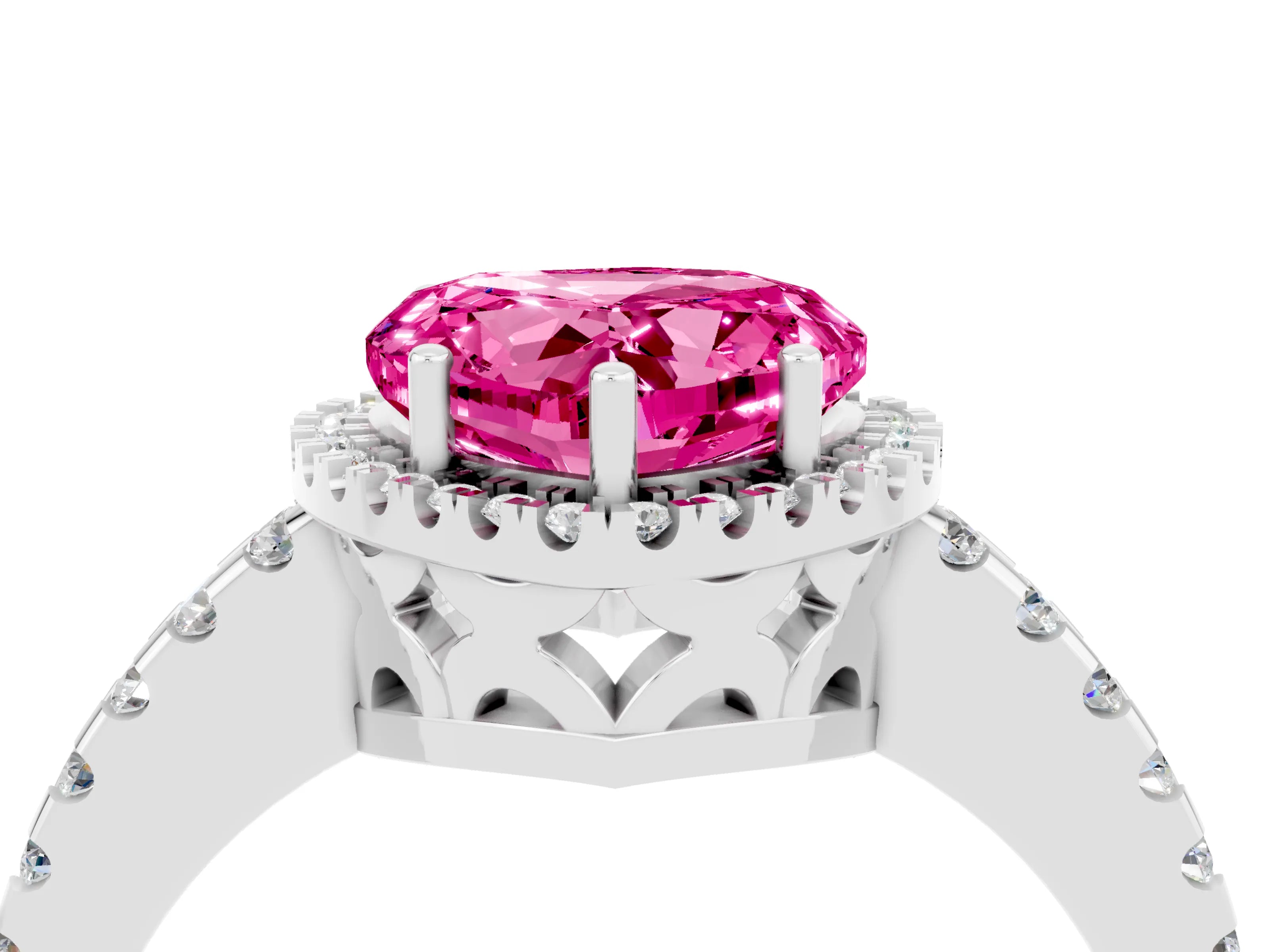 White gold Heart Cut Pink Sapphire Halo Engagement Ring with Pavé Band and Prong Setting_16