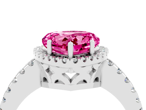 White gold Heart Cut Pink Sapphire Halo Engagement Ring with Pavé Band and Prong Setting_16