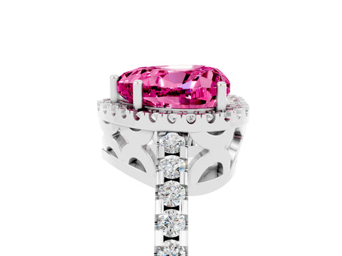 White gold Heart Cut Pink Sapphire Halo Engagement Ring with Pavé Band and Prong Setting_17