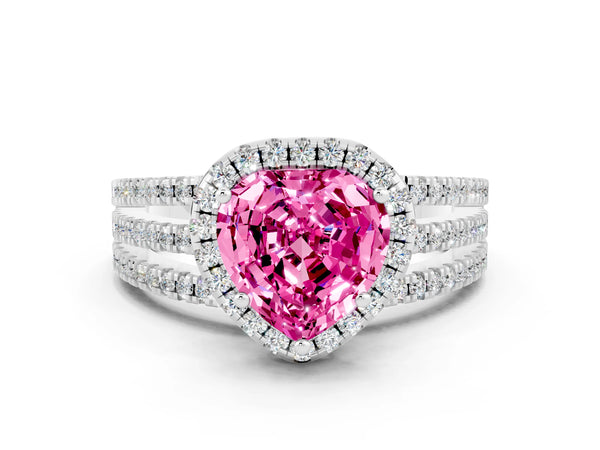 Platinum Heart Cut Pink Sapphire Halo Engagement Ring with Split Shank and Four-Prong Setting