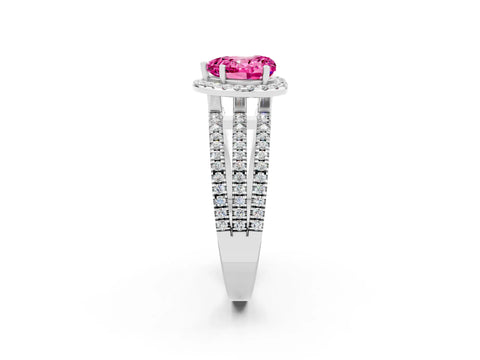 White gold Heart Cut Pink Sapphire Halo Engagement Ring with Split Shank and Four-Prong Setting_14