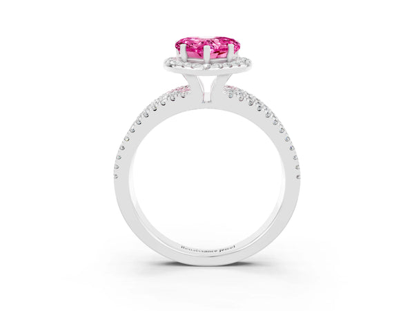 White gold Heart Cut Pink Sapphire Halo Engagement Ring with Split Shank and Four-Prong Setting