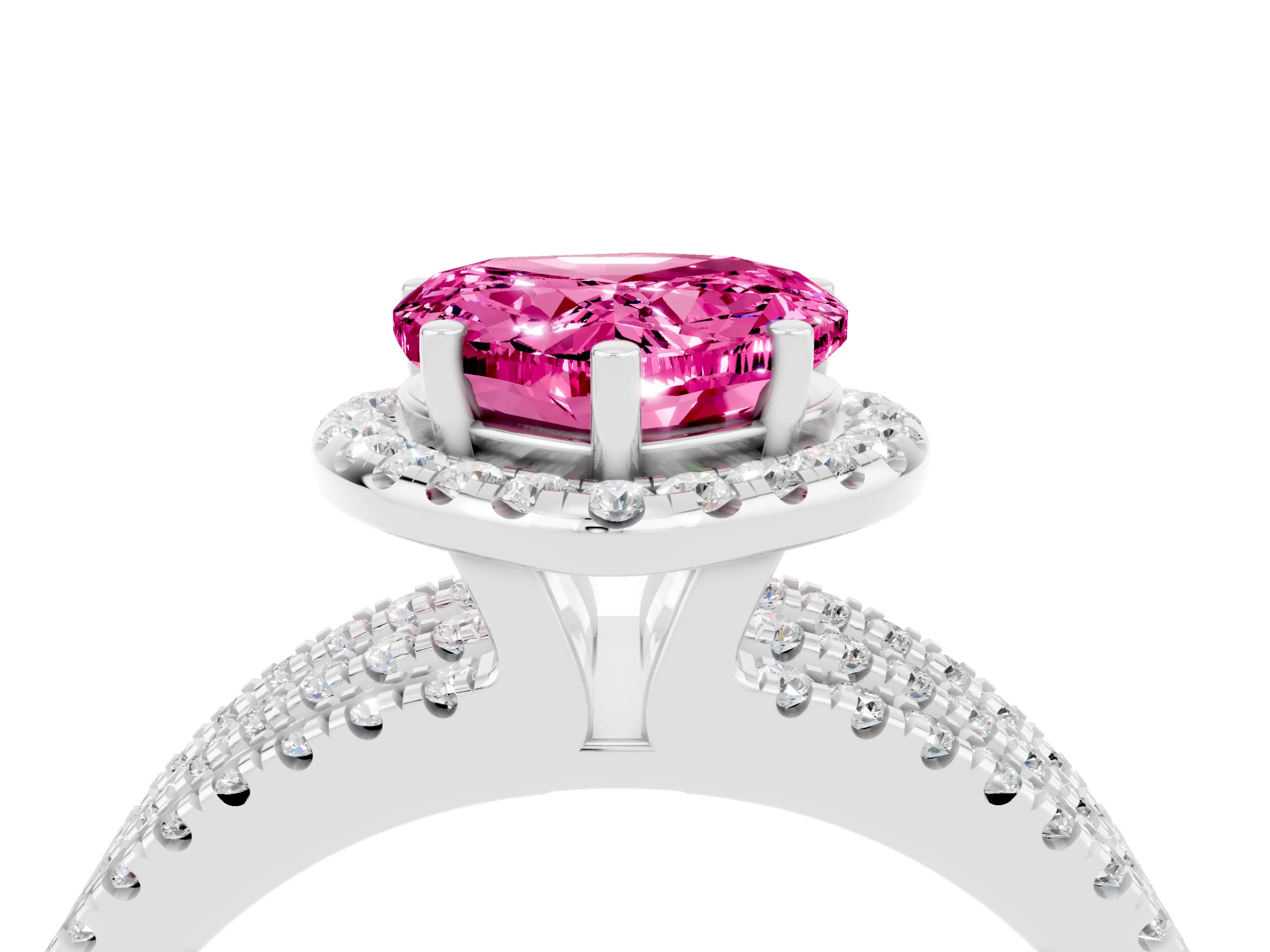 White gold Heart Cut Pink Sapphire Halo Engagement Ring with Split Shank and Four-Prong Setting_16