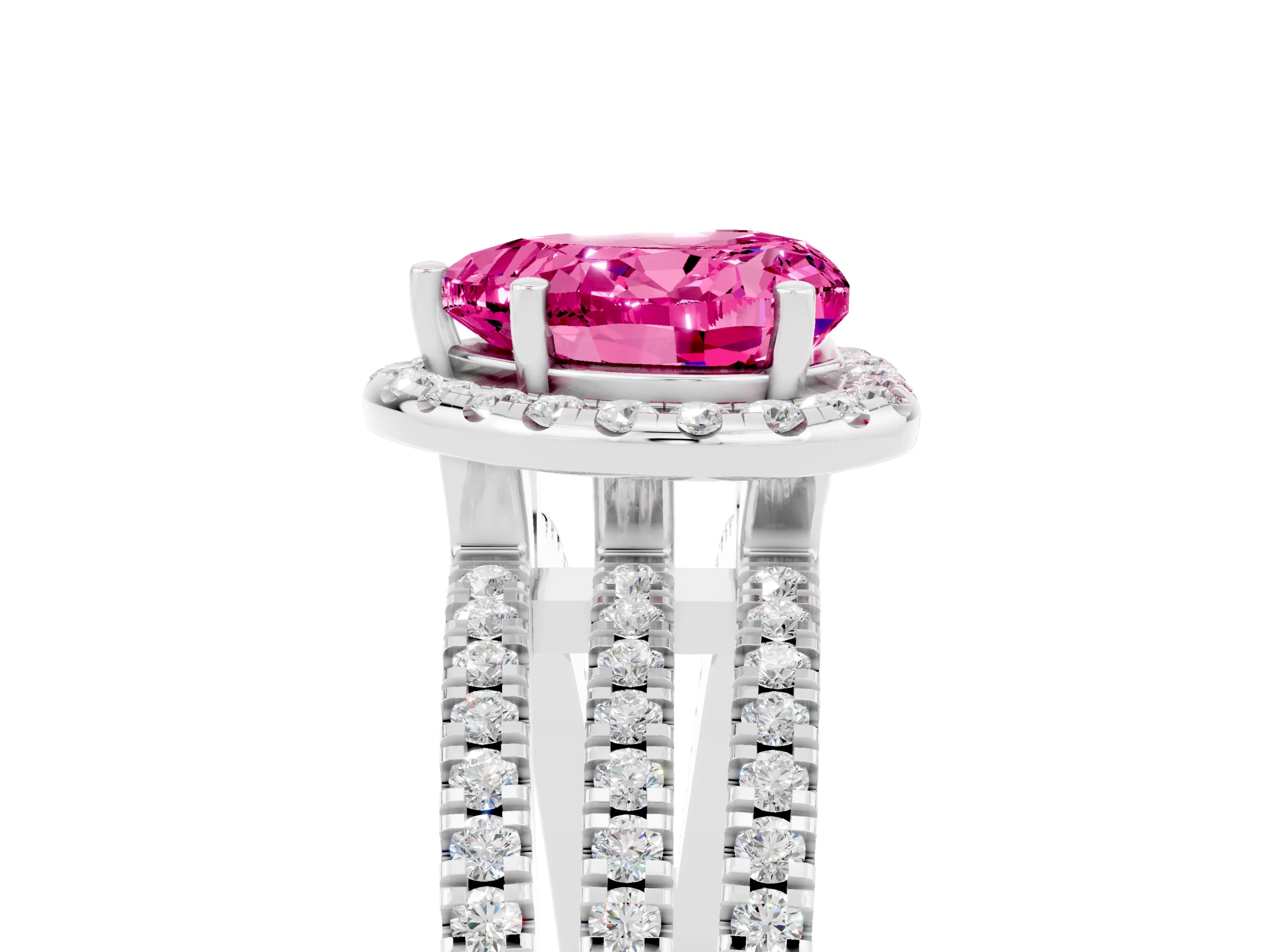 White gold Heart Cut Pink Sapphire Halo Engagement Ring with Split Shank and Four-Prong Setting_17