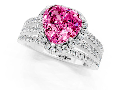 White gold Heart Cut Pink Sapphire Halo Engagement Ring with Split Shank and Four-Prong Setting_1