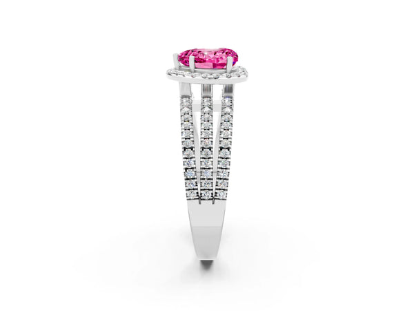 Silver Heart Cut Pink Sapphire Halo Engagement Ring with Split Shank and Four-Prong Setting