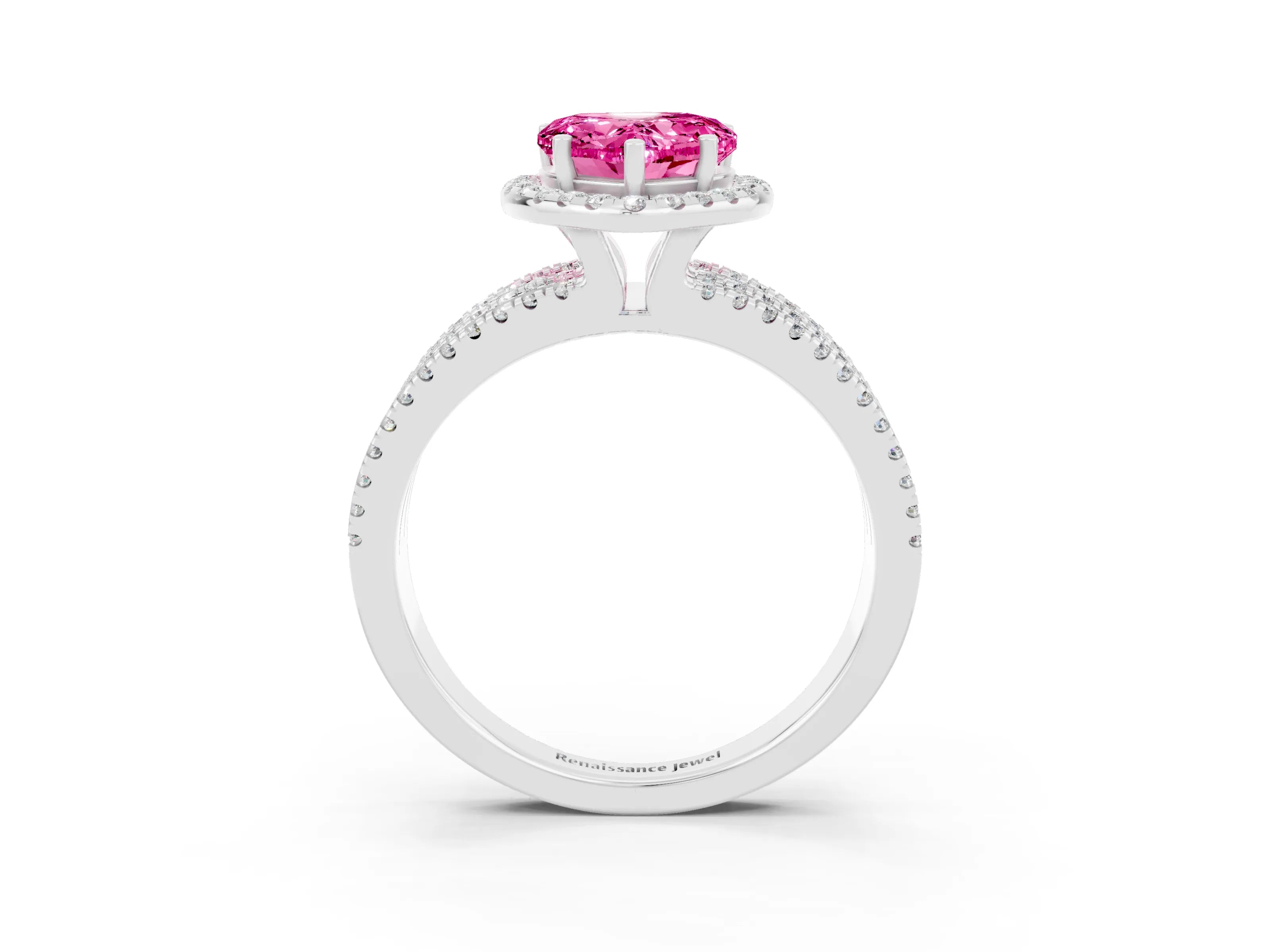 White gold Heart Cut Pink Sapphire Halo Engagement Ring with Split Shank and Four-Prong Setting_3