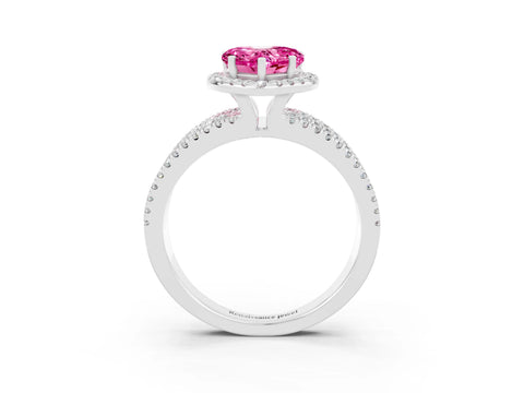 White gold Heart Cut Pink Sapphire Halo Engagement Ring with Split Shank and Four-Prong Setting_3