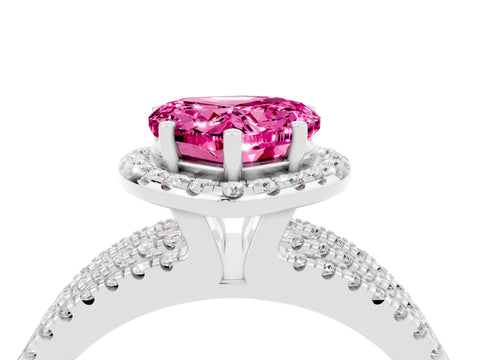 White gold Heart Cut Pink Sapphire Halo Engagement Ring with Split Shank and Four-Prong Setting_4
