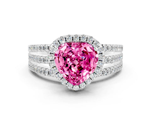 White gold Heart Cut Pink Sapphire Halo Engagement Ring with Split Shank and Four-Prong Setting
