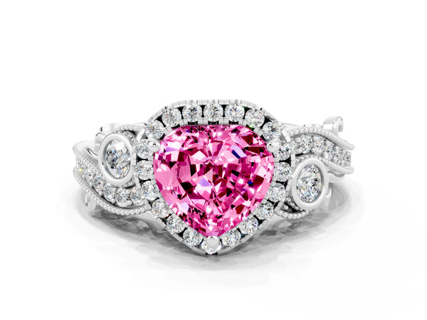 Platinum Heart Cut Pink Sapphire Halo Ring with Milgrain Pavé Band and Four-Prong Setting
