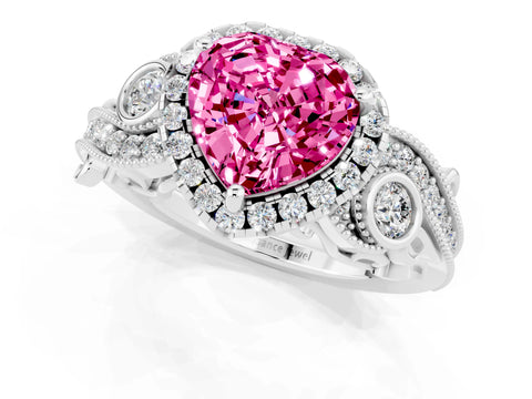 White gold Heart Cut Pink Sapphire Halo Ring with Milgrain Pavé Band and Four-Prong Setting_13