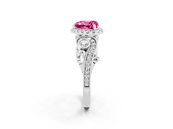 Platinum Heart Cut Pink Sapphire Halo Ring with Milgrain Pavé Band and Four-Prong Setting