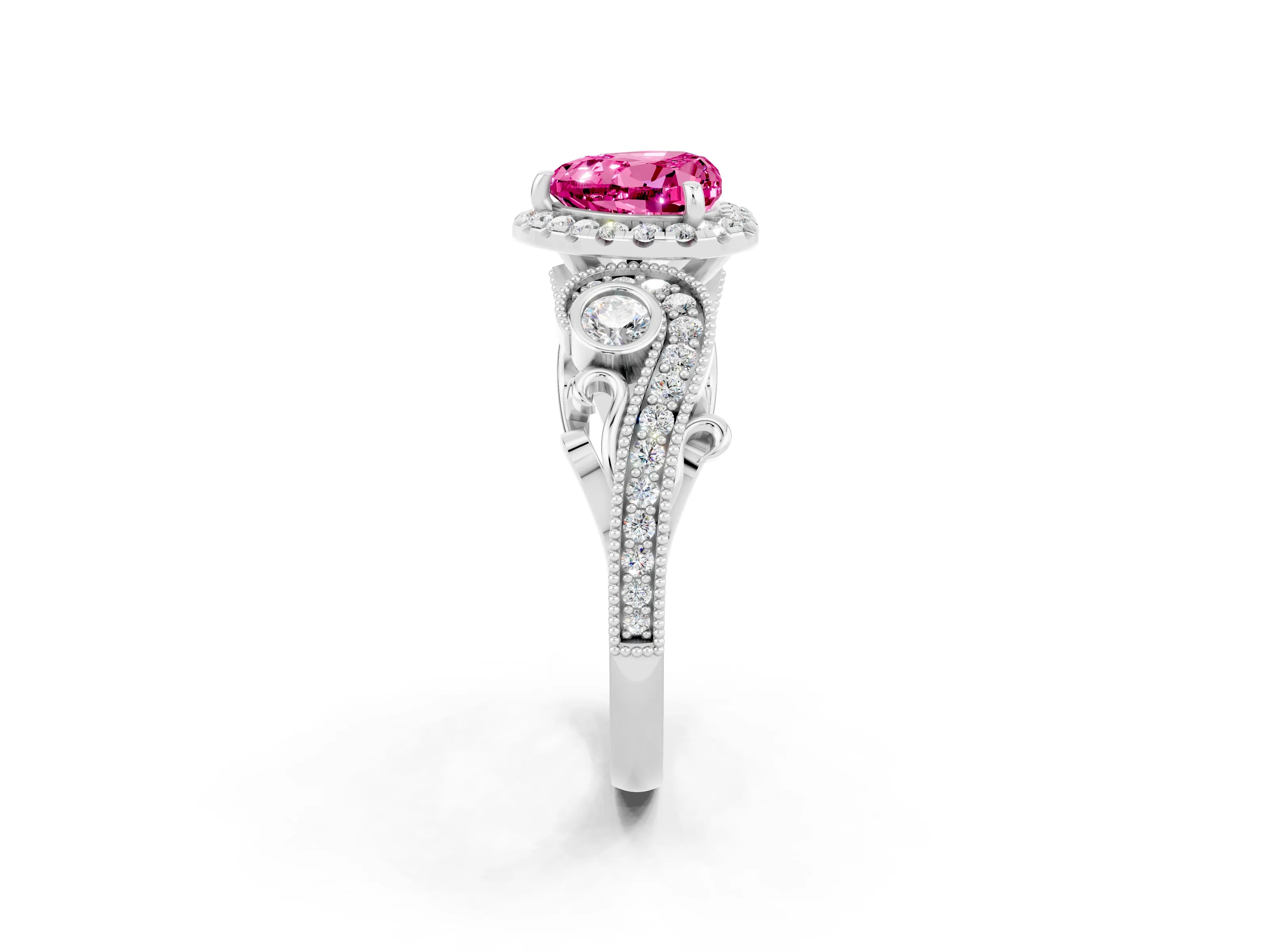 White gold Heart Cut Pink Sapphire Halo Ring with Milgrain Pavé Band and Four-Prong Setting_14