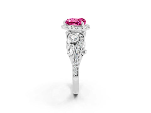 White gold Heart Cut Pink Sapphire Halo Ring with Milgrain Pavé Band and Four-Prong Setting_14