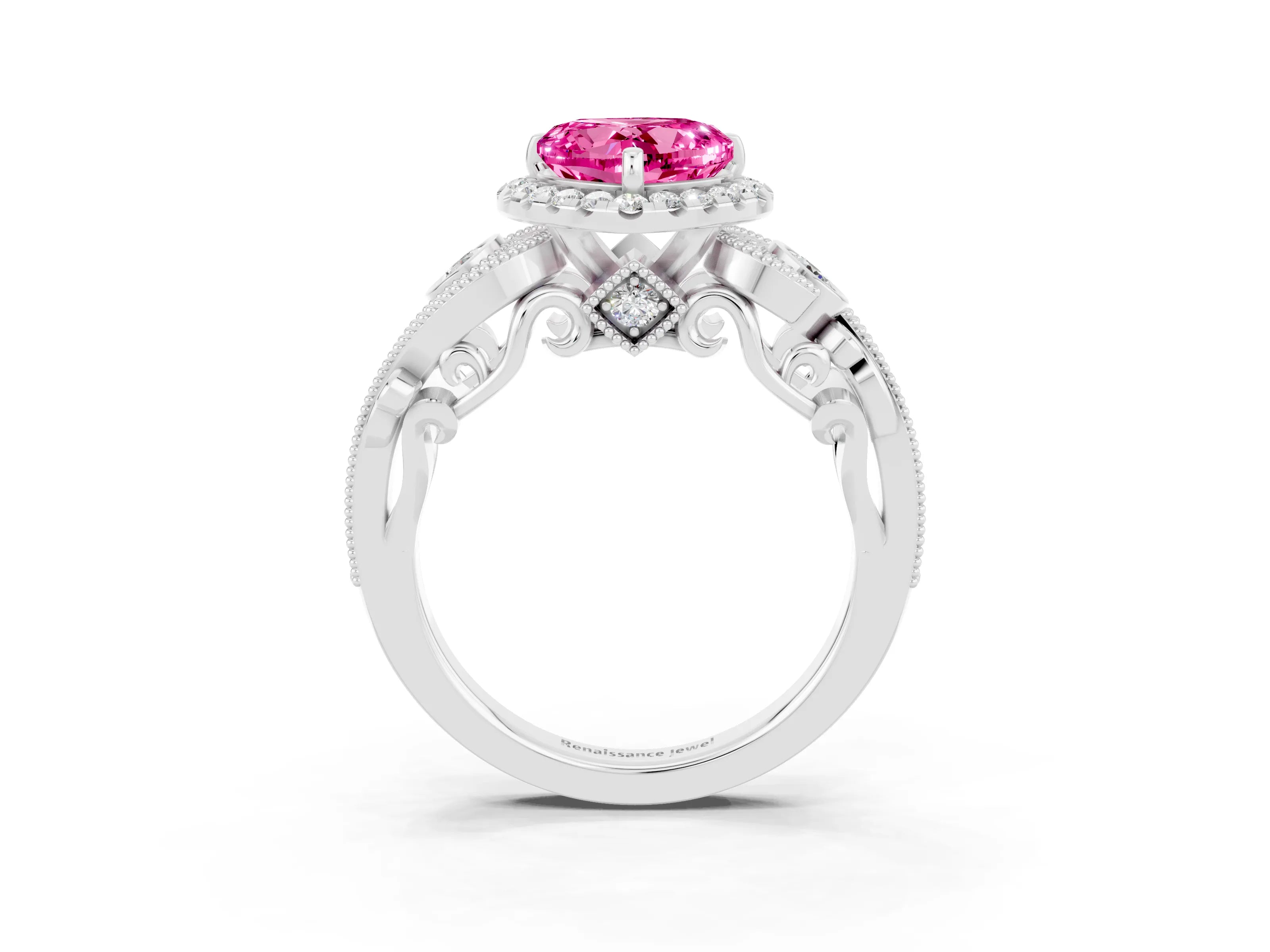 White gold Heart Cut Pink Sapphire Halo Ring with Milgrain Pavé Band and Four-Prong Setting_15