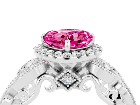 White gold Heart Cut Pink Sapphire Halo Ring with Milgrain Pavé Band and Four-Prong Setting_16