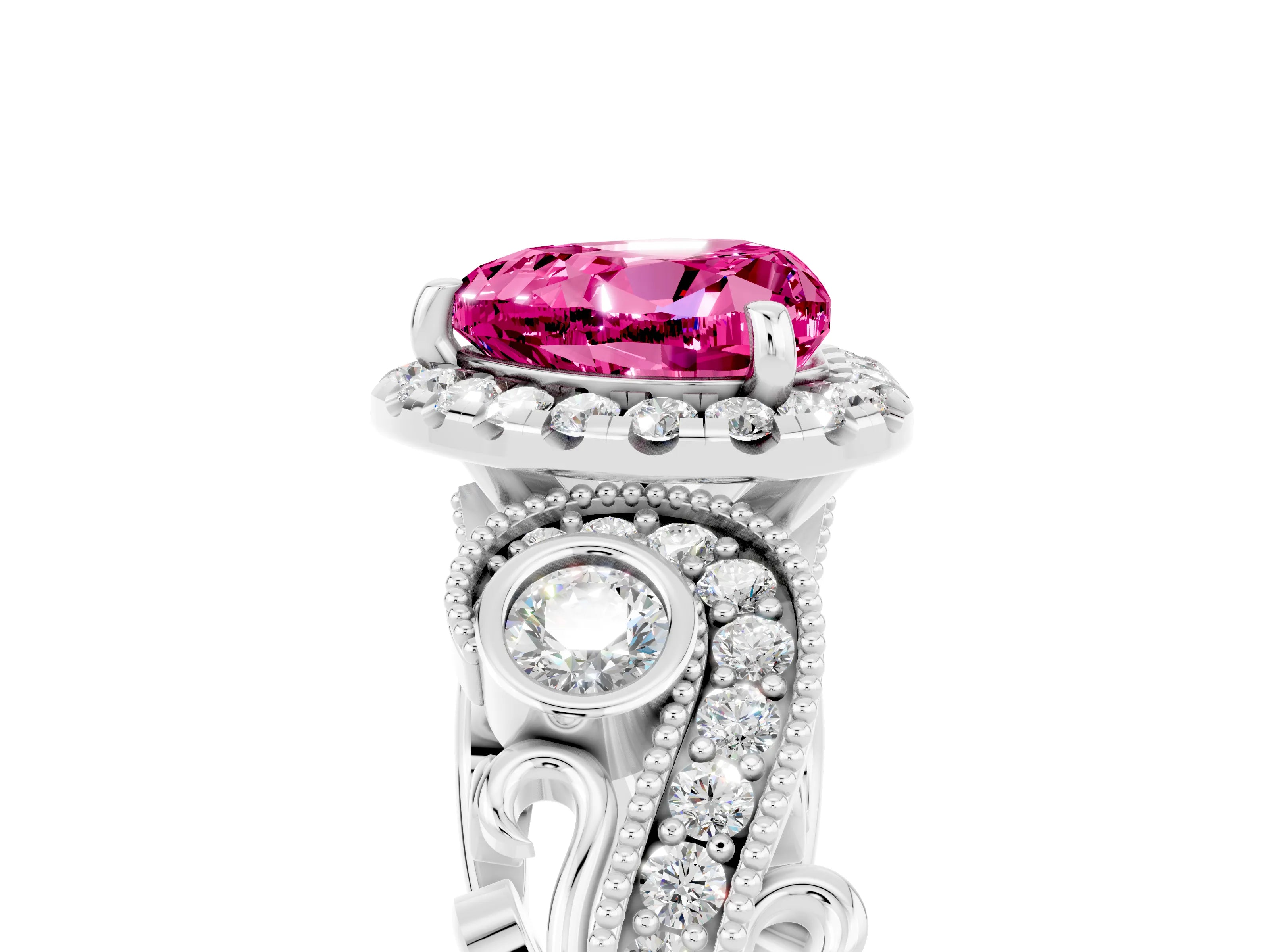 White gold Heart Cut Pink Sapphire Halo Ring with Milgrain Pavé Band and Four-Prong Setting_17