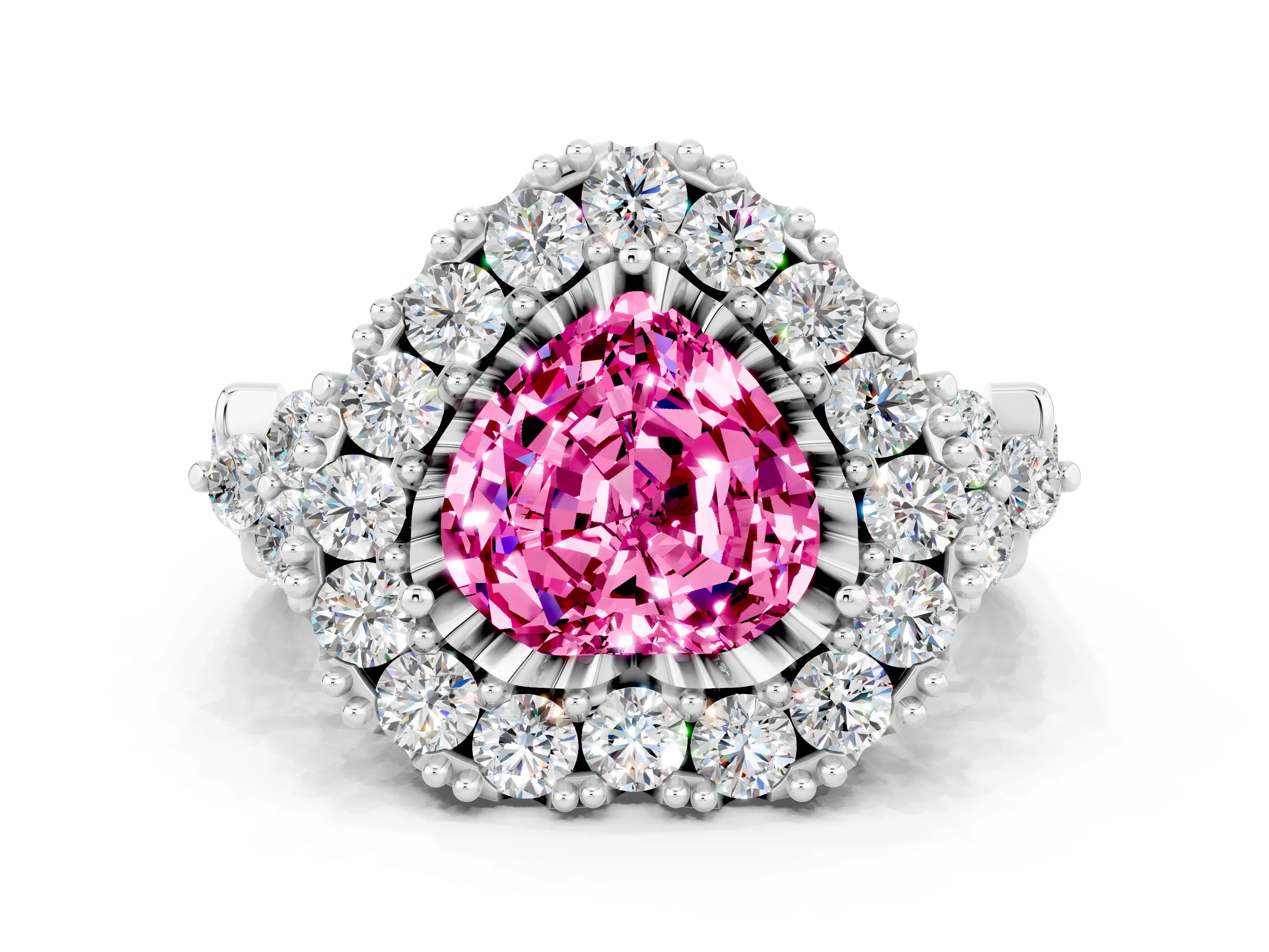 White gold Heart Cut Pink Sapphire Halo Ring with Pavé Band and Four-Prong Setting_12