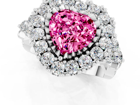 White gold Heart Cut Pink Sapphire Halo Ring with Pavé Band and Four-Prong Setting_13