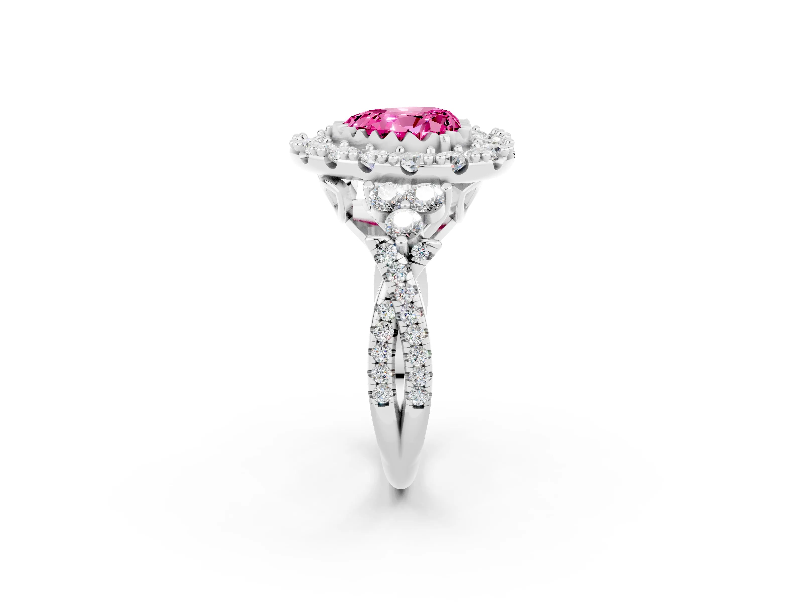 White gold Heart Cut Pink Sapphire Halo Ring with Pavé Band and Four-Prong Setting_14