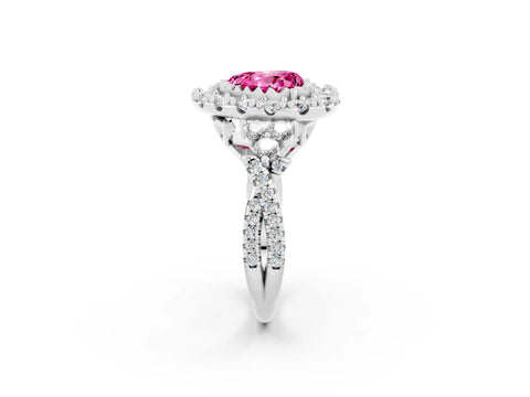 White gold Heart Cut Pink Sapphire Halo Ring with Pavé Band and Four-Prong Setting_14