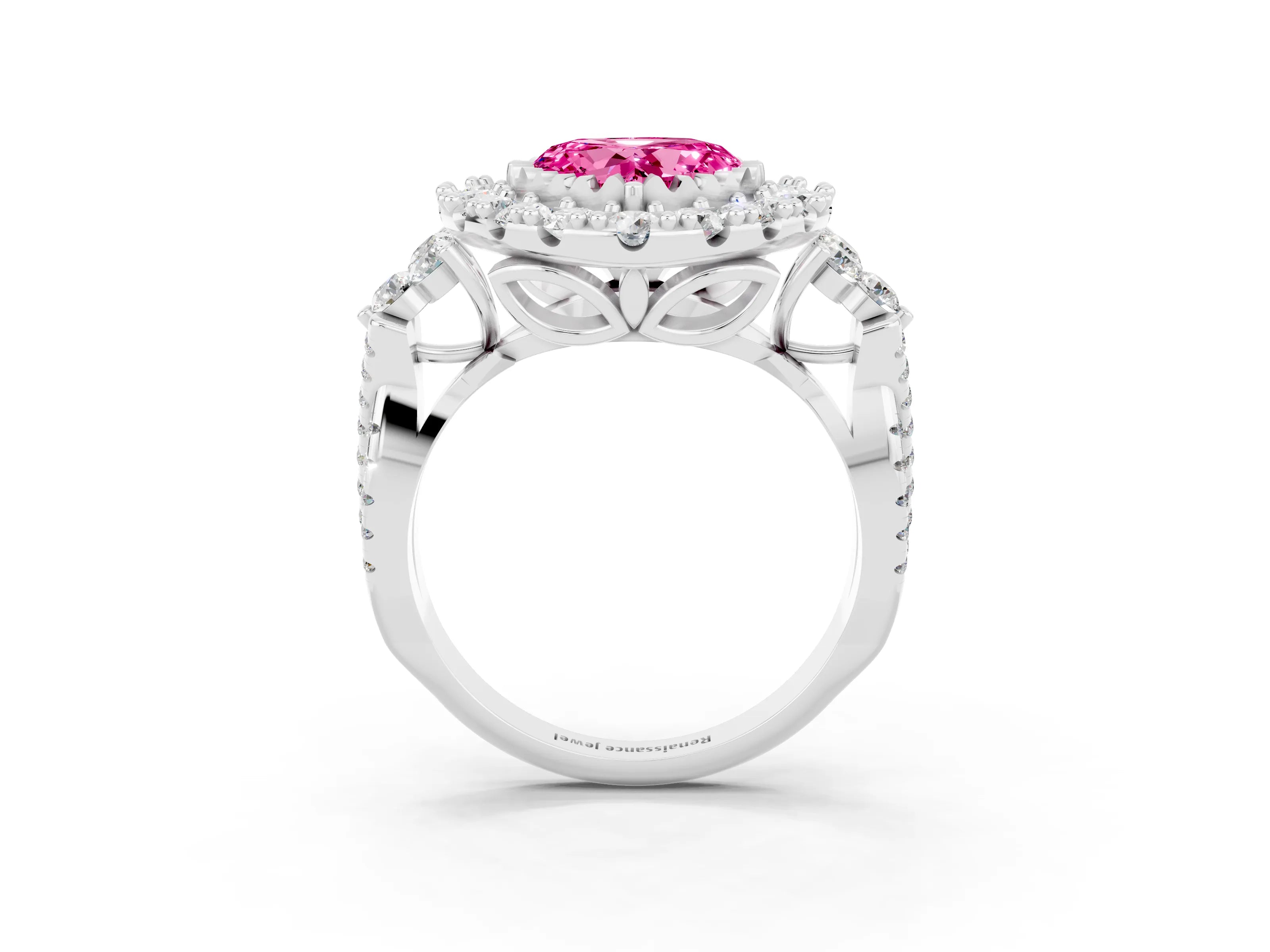 White gold Heart Cut Pink Sapphire Halo Ring with Pavé Band and Four-Prong Setting_15