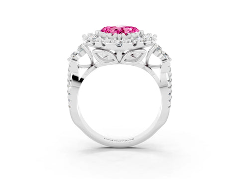 White gold Heart Cut Pink Sapphire Halo Ring with Pavé Band and Four-Prong Setting_15