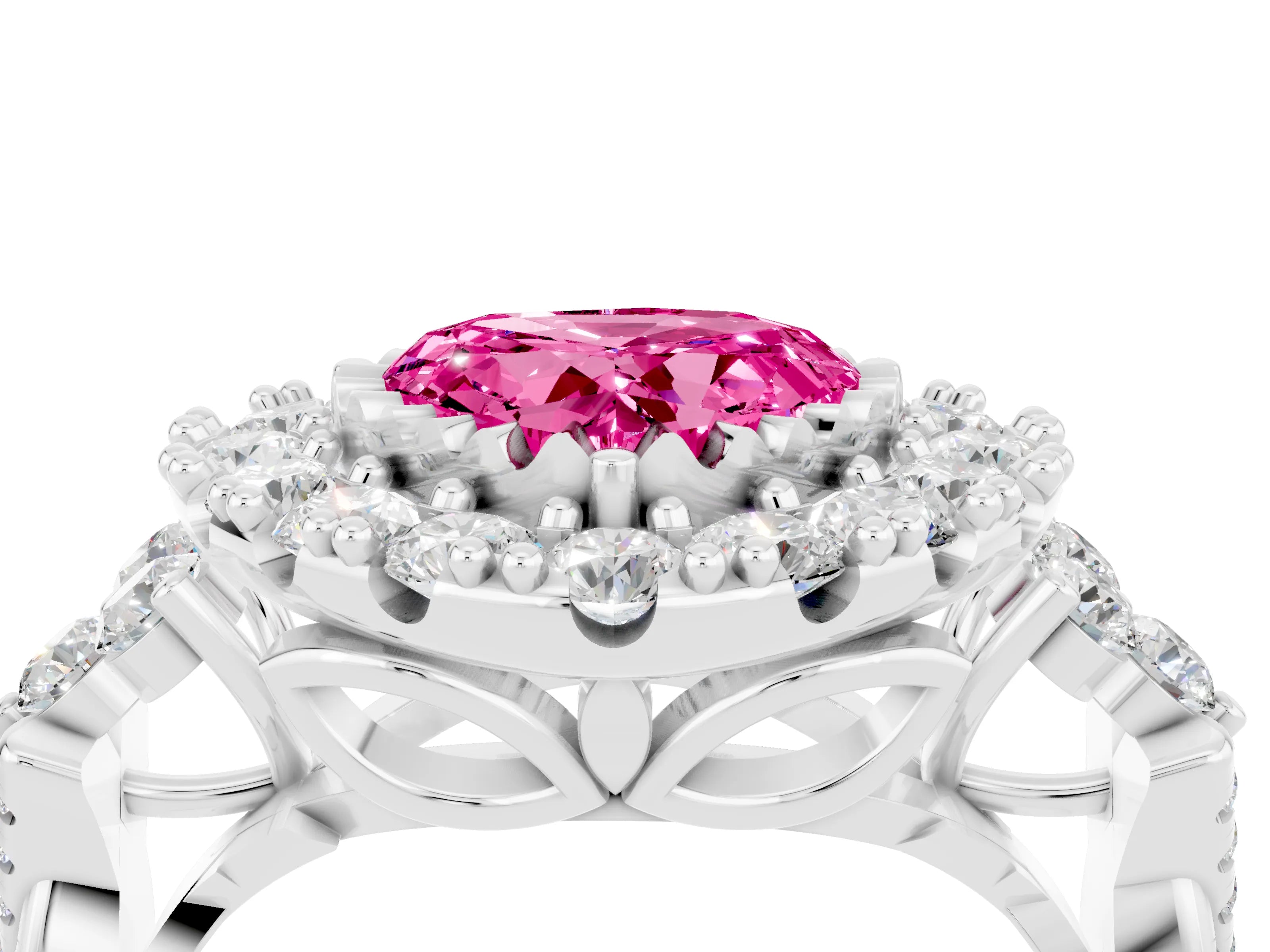 White gold Heart Cut Pink Sapphire Halo Ring with Pavé Band and Four-Prong Setting_16